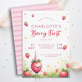 Berry First Pink Strawberry Patch 1-årsfest Inbjudningar