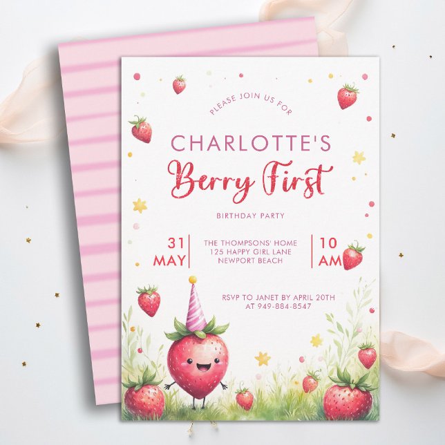 Berry First Pink Strawberry Patch 1-årsfest Inbjudningar (berry first birthday party invitation girls cute strawberry 1st watercolor farmhouse cottage patch)