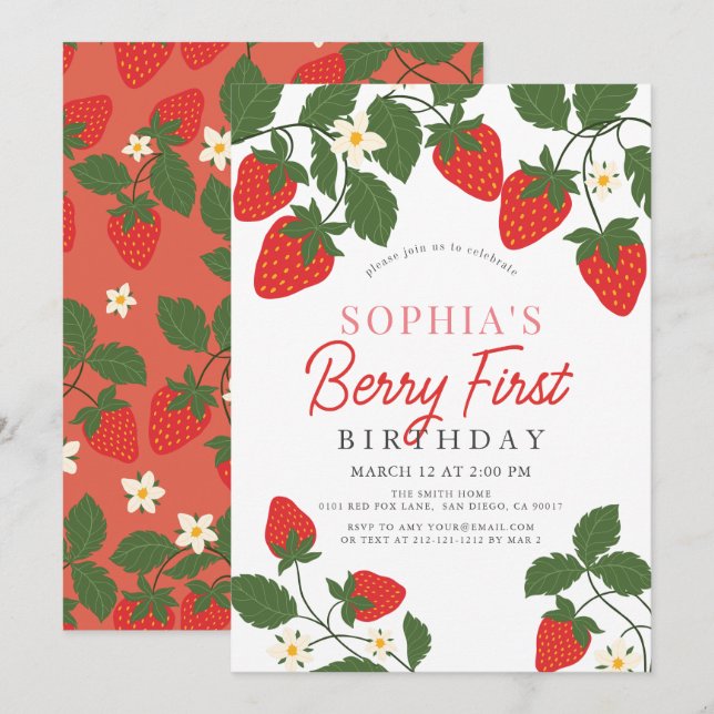 Berry First Red Strawberry Blommigt 1:a födelsedag Inbjudningar (Fram/baksida)
