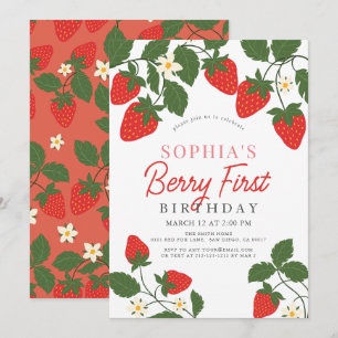 Berry First Red Strawberry Blommigt 1:a födelsedag Inbjudningar