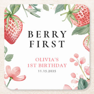 Berry First Rosa Blommigt 1:a födelsedagen Underlägg Papper Kvadrat