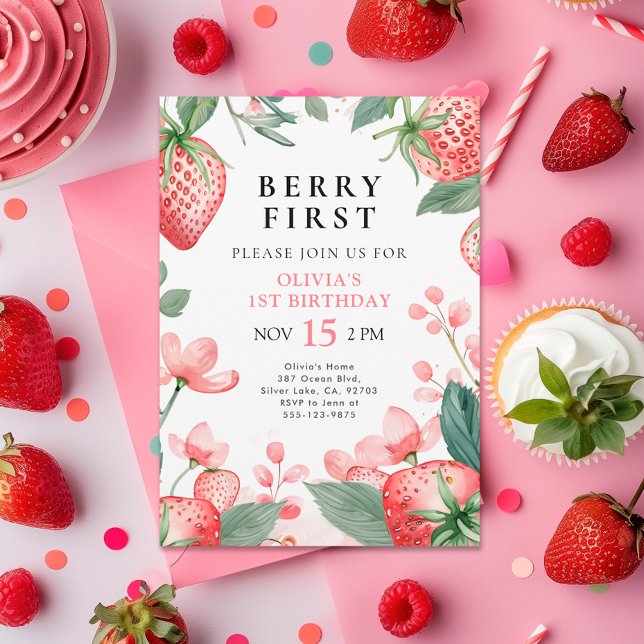 Berry First Rosa Blommigt 1:a födelsedagsinbjudan Inbjudningar (Skapare uppladdad)