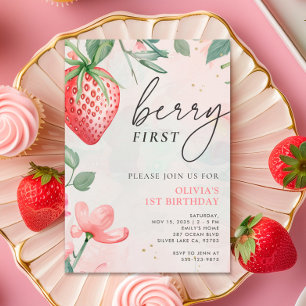 Berry First Rosa Blommigt 1:a födelsedagsinbjudan Inbjudningar