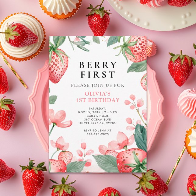 Berry First Rosa Blommigt 1:a födelsedagsinbjudan Inbjudningar (Skapare uppladdad)