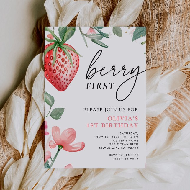 Berry First Rosa Blommigt 1:a födelsedagsinbjudan Inbjudningar (Skapare uppladdad)
