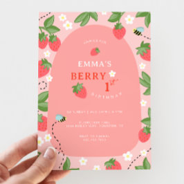 Berry First Rosa Jordgubbens Födelsedagsfest Inbjudningar