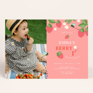 Berry First Rosa Jordgubbens Födelsedagsfest Inbjudningar