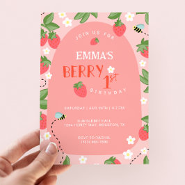 Berry First Rosa Strawberry Bees Födelsedagsfest Inbjudningar