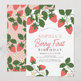 Berry First Rosa Strawberry Blommigt 1:a födelseda Inbjudningar