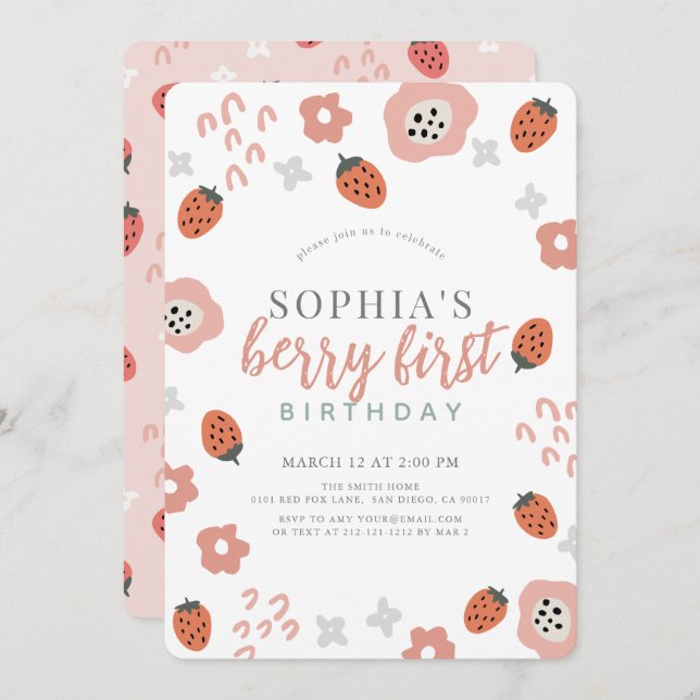 Berry First Rosa Strawberry Girl 1 födelsedag Inbjudningar (Fram/baksida)