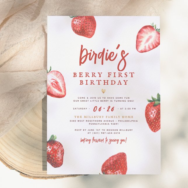 Berry First | Söt Strawberry Tjej 1-årsdag Inbjudningar (Skapare uppladdad)