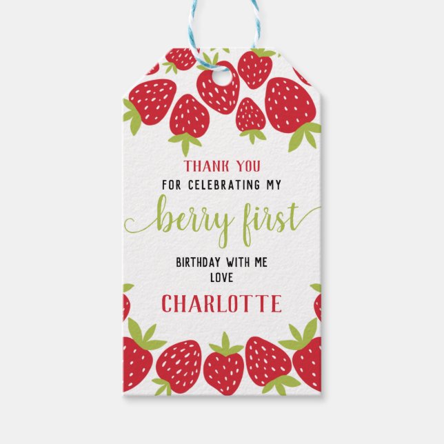 Berry First Strawberry 1:a födelsedag Party Anpass Presentetikett (Framsidan)