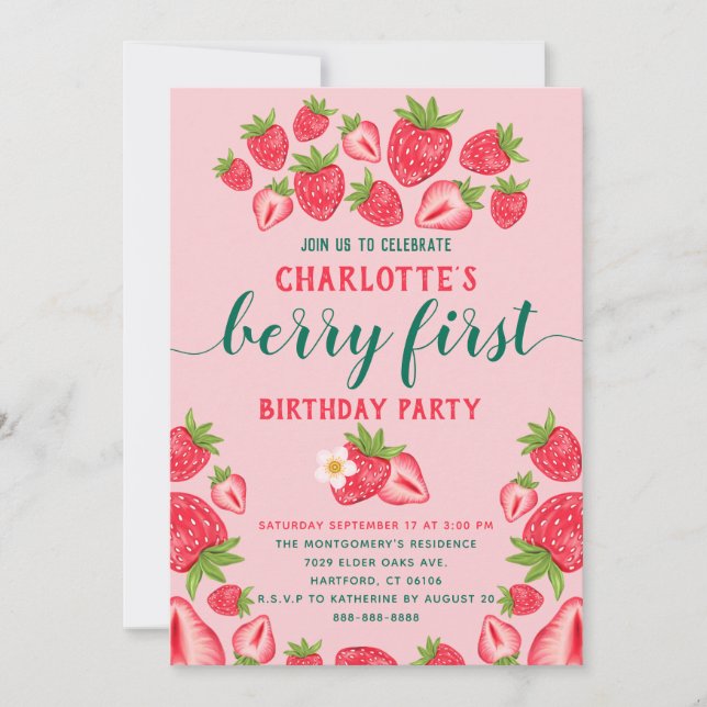 Berry First Strawberry 1:a födelsedag Party Girl Inbjudningar (Framsida)