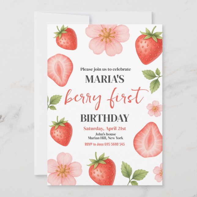 Berry First Strawberry 1:a födelsedag Party Inbjudningar (Framsida)