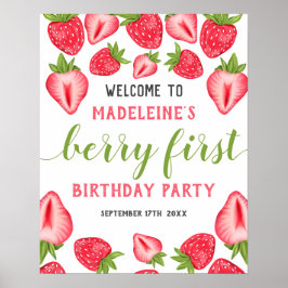 Berry First Strawberry 1:a födelsedag Party Välkom Poster