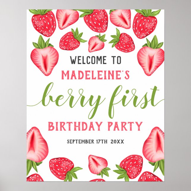 Berry First Strawberry 1:a födelsedag Party Välkom Poster (Framsidan)