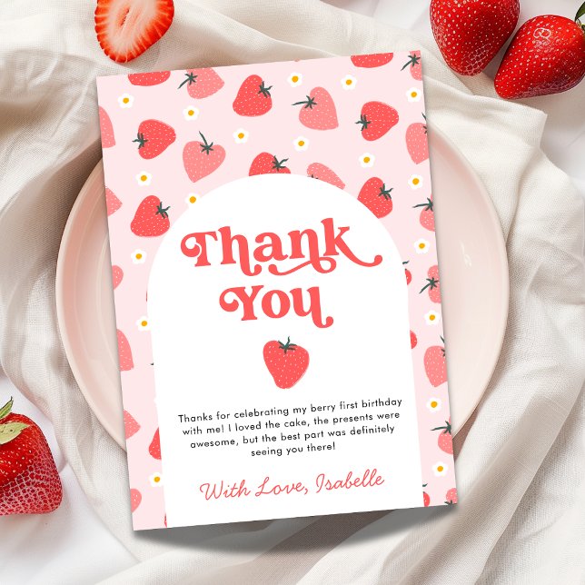 Berry First Strawberry 1:a födelsedag - tackkort Inbjudningar (Berry First Strawberry 1st Birthday Thank You Card)