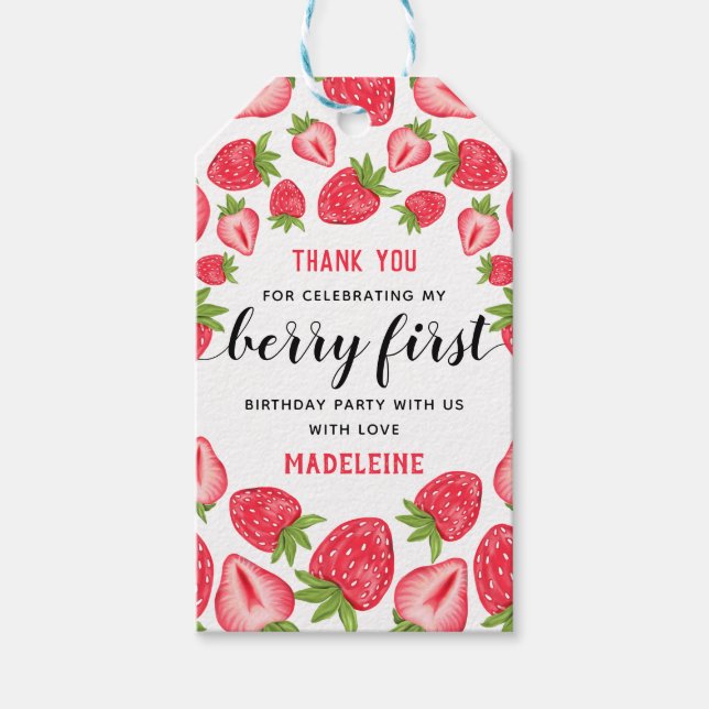 Berry First Strawberry 1:a födelsedagen Party Anpa Presentetikett (Framsidan)