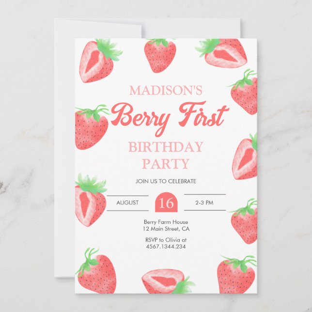 Berry First Strawberry 1:a födelsedagsinbjudan Inbjudningar (Framsida)