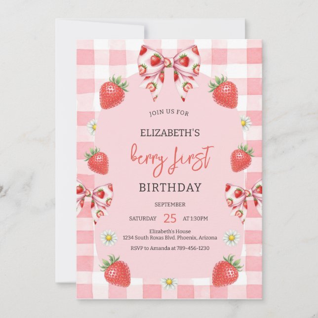 Berry First Strawberry 1st Birthday Invitation Inbjudningar (Framsida)