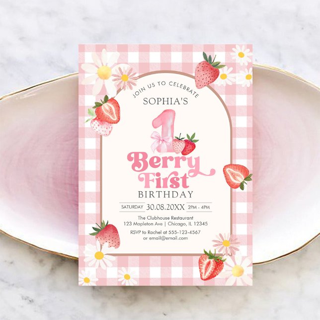 Berry First Strawberry 1st Birthday Invitation Inbjudningar (Skapare uppladdad)