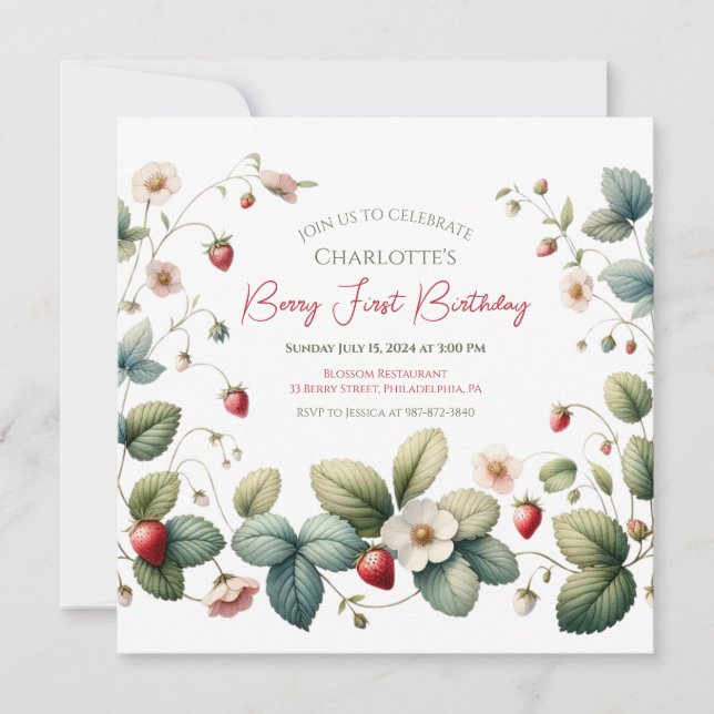 "Berry First" Strawberry Birthday Inbjudningar (Framsida)