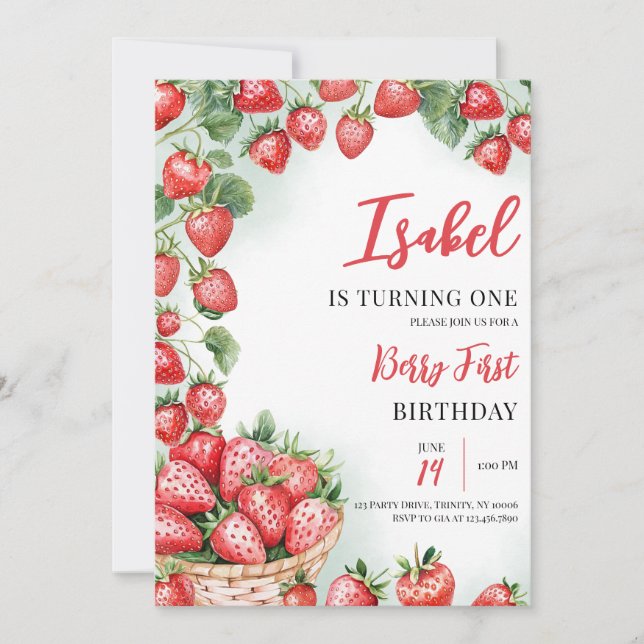 Berry First Strawberry Birthday Inbjudningar (Framsida)