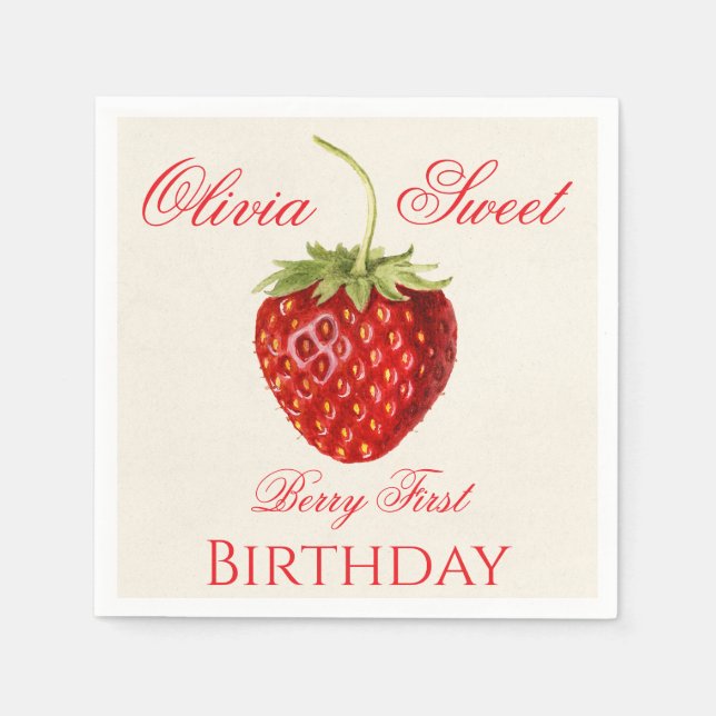 Berry First Strawberry Birthday Name Party Pappersservett (Framsidan)