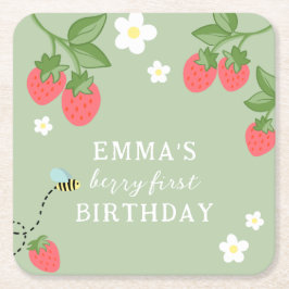 Berry First Strawberry Birthday Party Underlägg Papper Kvadrat