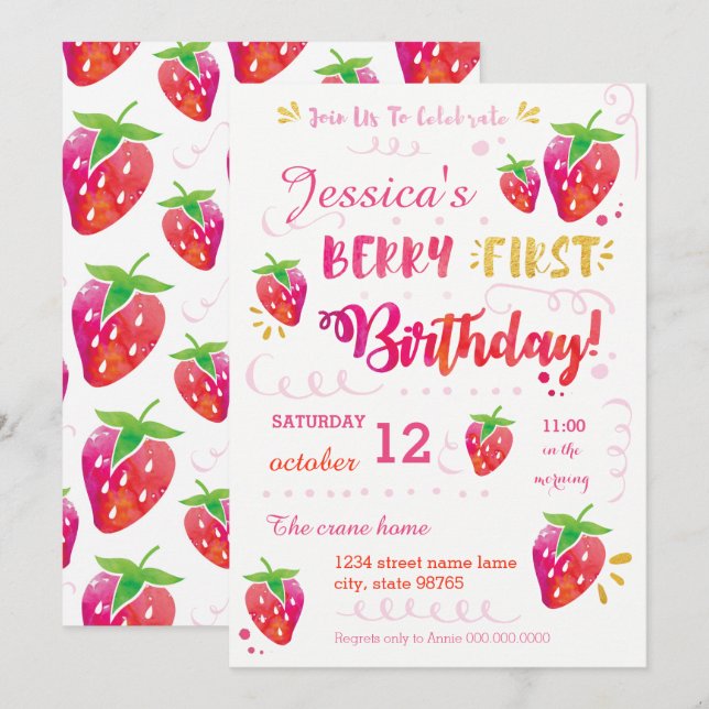 Berry First Strawberry Birthday Pary-inbjudan Inbjudningar (Fram/baksida)