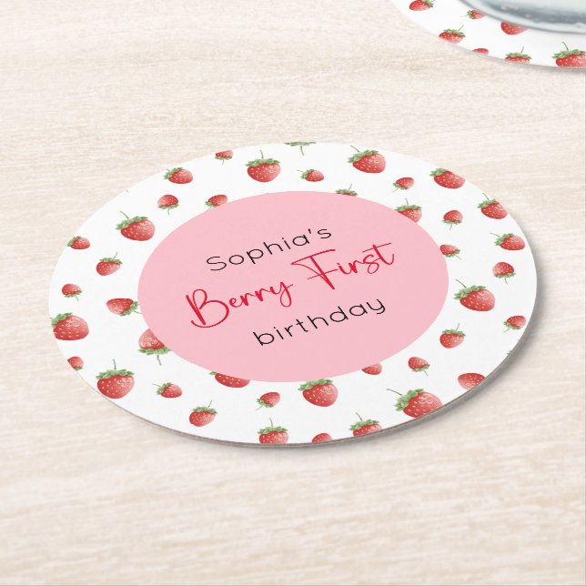 Berry First Strawberry Birthday Underlägg Papper Rund (Vinklad)