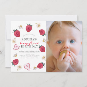 Berry First Strawberry Blommigt 1:a födelsedag Fot Inbjudningar