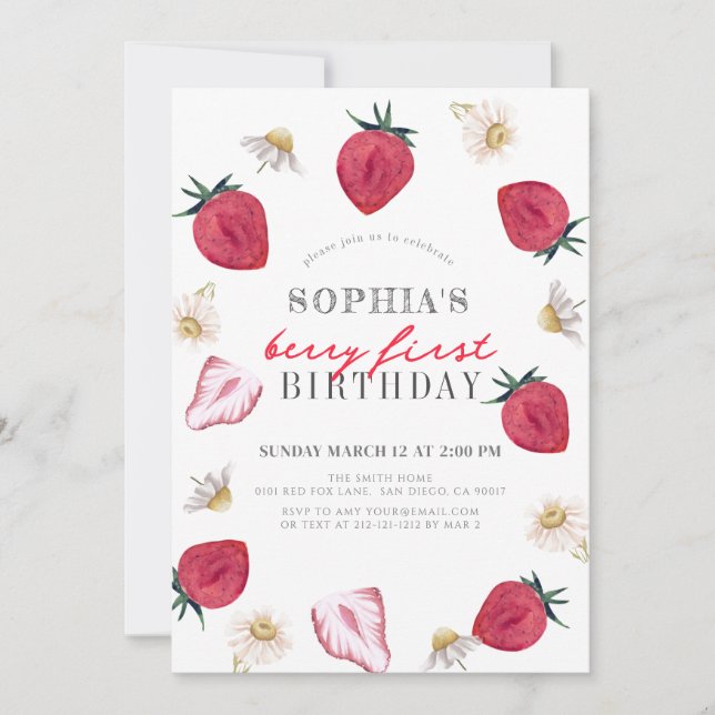 Berry First Strawberry Blommigt Girl 1 Birthday Inbjudningar (Framsida)