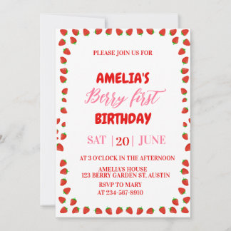 Berry First Strawberry Border Birthday Invitation  Inbjudningar