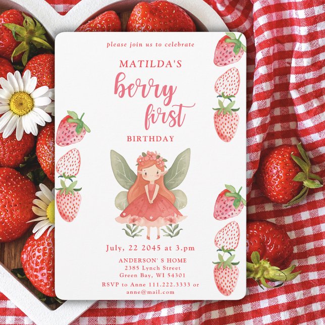 Berry First Strawberry Fairy 1st Birthday Party Inbjudningar (Skapare uppladdad)