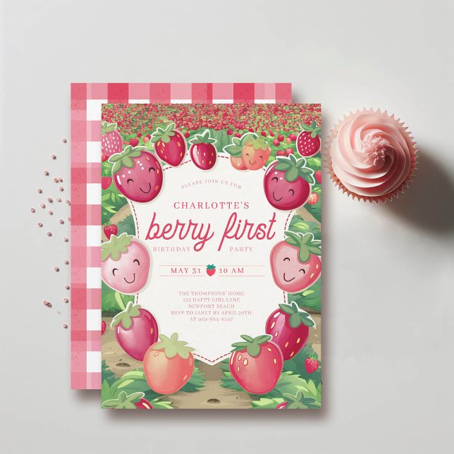 Berry First Strawberry Fält Ram 1:a födelsedag Inbjudningar (berry first birthday invitation 1st party girl pink red watercolor strawberry field cute frame)
