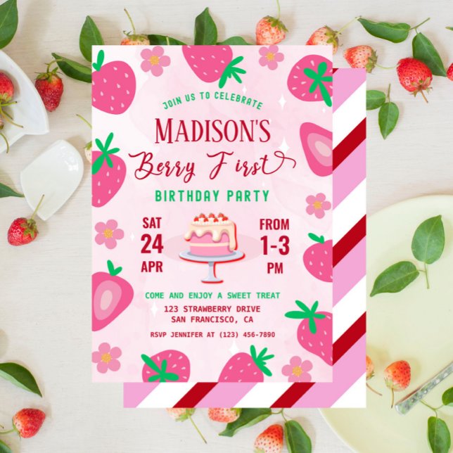 Berry First Strawberry Födelsedagsfest Inbjudningar (strawberry 1st birthday party invitation)