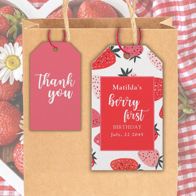 Berry First Strawberry Födelsedagsfest Red Rosa Presentetikett (Skapare uppladdad)