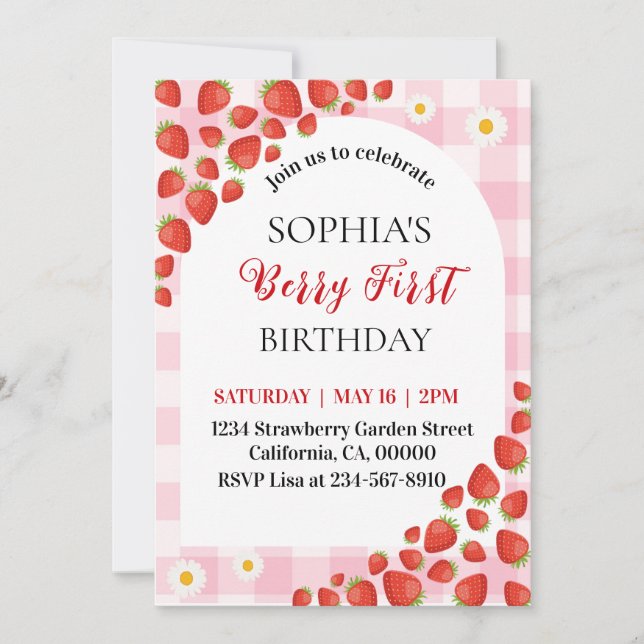 Berry First Strawberry gingham birthday invitation Inbjudningar (Framsida)