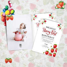 Berry First Strawberry Girl 1:a födelsedagsfoto Inbjudan