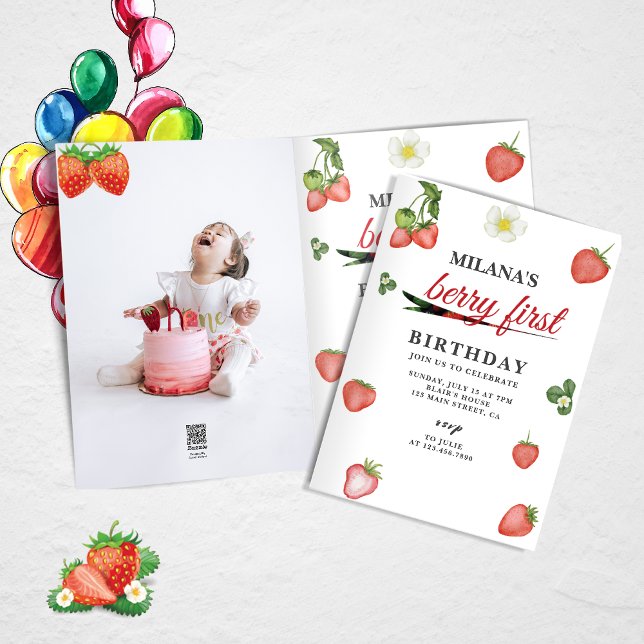 Berry First Strawberry Girl 1:a födelsedagsfoto Inbjudan (Berry first strawberry birthday card)