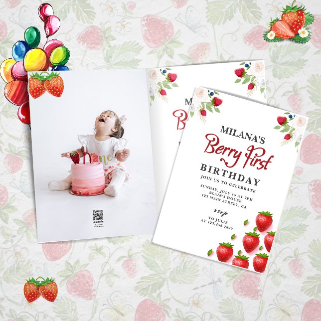 Berry First Strawberry Girl 1:a födelsedagsfoto Inbjudan (Berry first girl 1st birthday card )