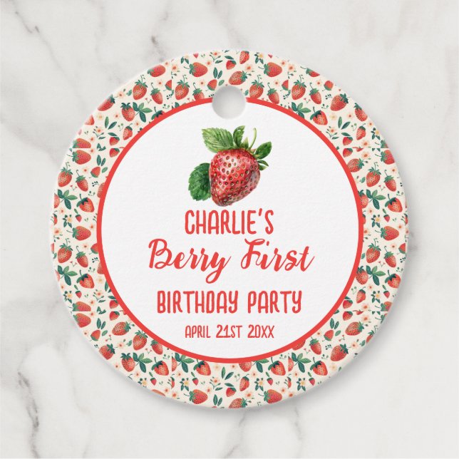 Berry First Strawberry Girl 1st Birthday Party Gåvor Etiketter (Framsida)