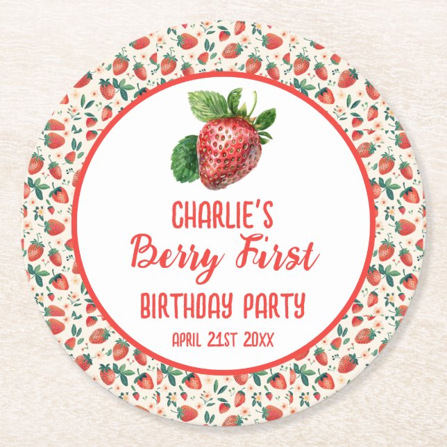 Berry First Strawberry Girl 1st Birthday Party Underlägg Papper Rund (Framsidan)