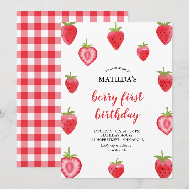 Berry First Strawberry Girl Birthday-inbjudan Inbjudningar (Fram/baksida)
