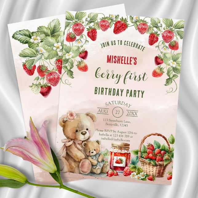 Berry First Strawberry och Bear Birthday Inbjudningar (Skapare uppladdad)