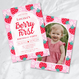 Berry First Strawberry Photo 1st Birthday Party Inbjudningar