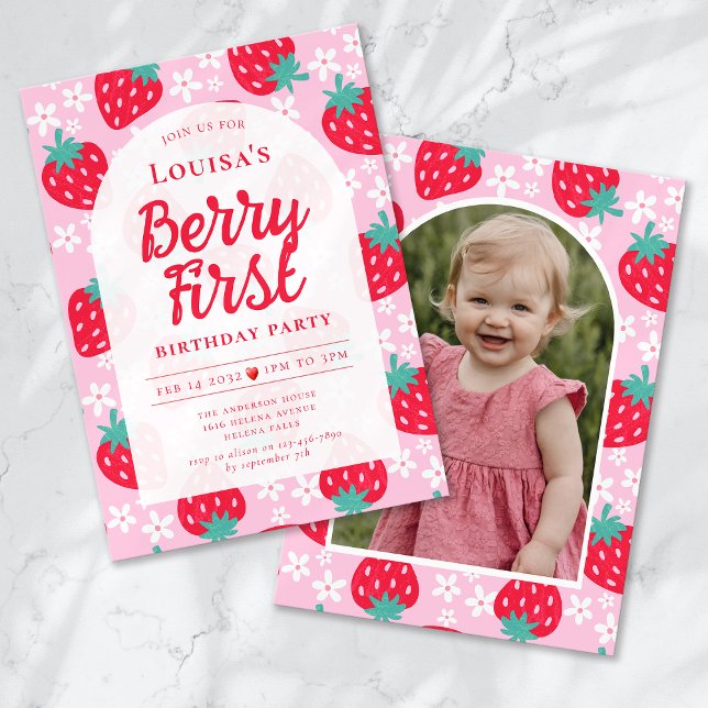 Berry First Strawberry Photo 1st Birthday Party Inbjudningar (Skapare uppladdad)