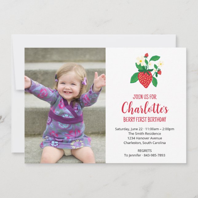 Berry First Strawberry Photo Birthday Inbjudningar (Framsida)