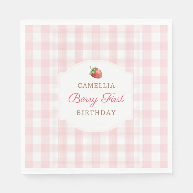 Berry First Strawberry Pink Gingham Birthday Party Pappersservett (Framsidan)